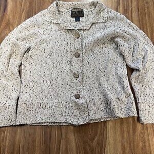 Woolrich Silk Lambs Cable Knit Sweater Women's M Cream Brown Wood Floral Buttons